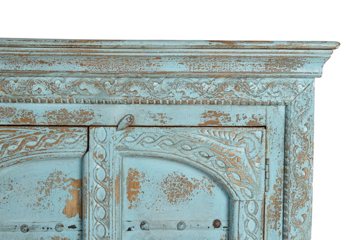 GINER Y COLOMER - Buffet 4 portes en bois de manguier vert d'eau vieilli, sculpté à la main, avec détails métal, 190x100x45 cm